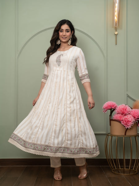 Embroidered Pure Cotton Anarkali Kurta with Trousers & Dupatta Set