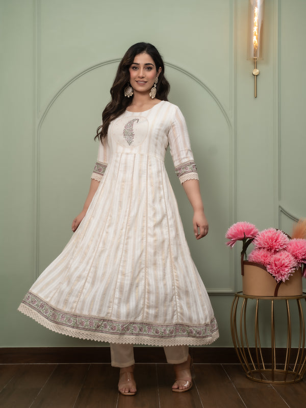 Embroidered Pure Cotton Anarkali Kurta with Trousers & Dupatta Set