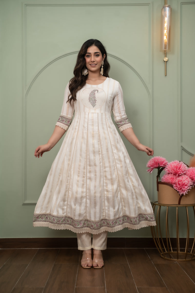 Embroidered Pure Cotton Anarkali Kurta with Trousers & Dupatta Set