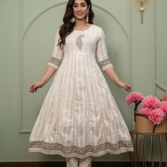 Embroidered Pure Cotton Anarkali Kurta with Trousers & Dupatta Set