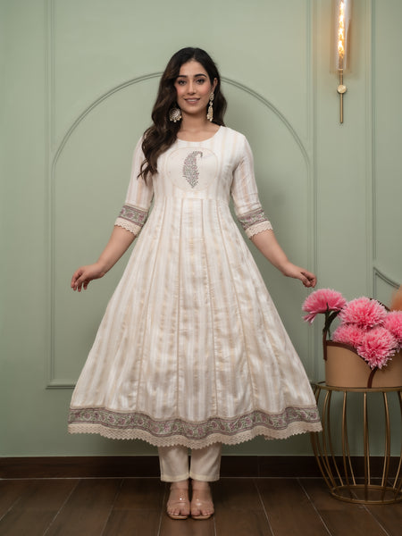 Embroidered Pure Cotton Anarkali Kurta with Trousers & Dupatta Set