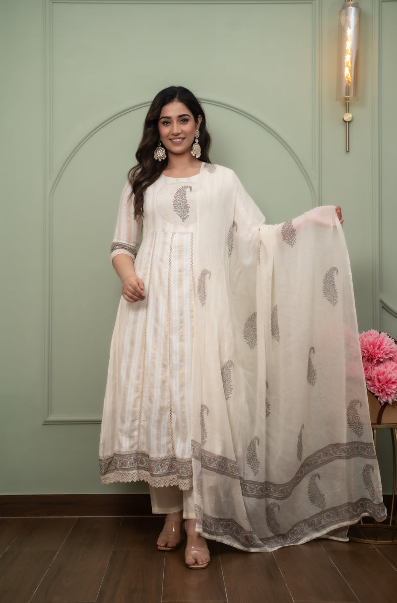 Embroidered Pure Cotton Anarkali Kurta with Trousers & Dupatta Set