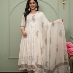 Embroidered Pure Cotton Anarkali Kurta with Trousers & Dupatta Set