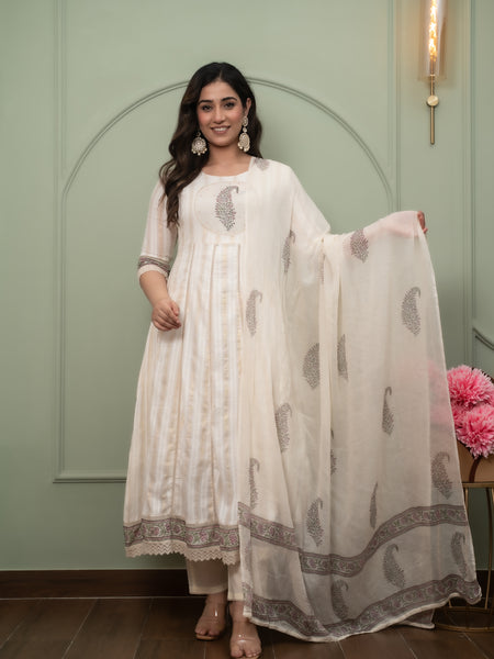 Embroidered Pure Cotton Anarkali Kurta with Trousers & Dupatta Set