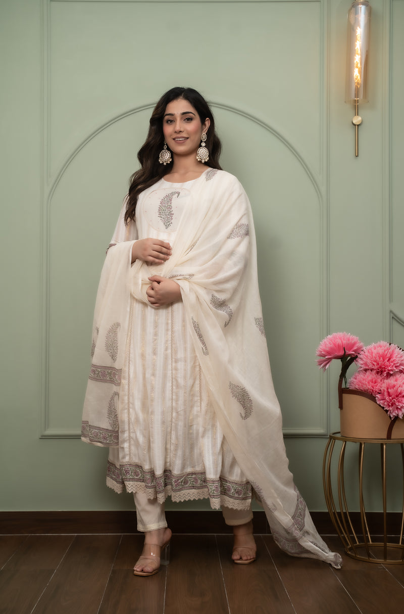 Embroidered Pure Cotton Anarkali Kurta with Trousers & Dupatta Set