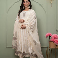 Embroidered Pure Cotton Anarkali Kurta with Trousers & Dupatta Set