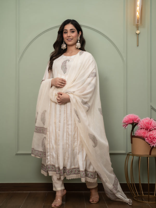 Embroidered Pure Cotton Anarkali Kurta with Trousers & Dupatta Set