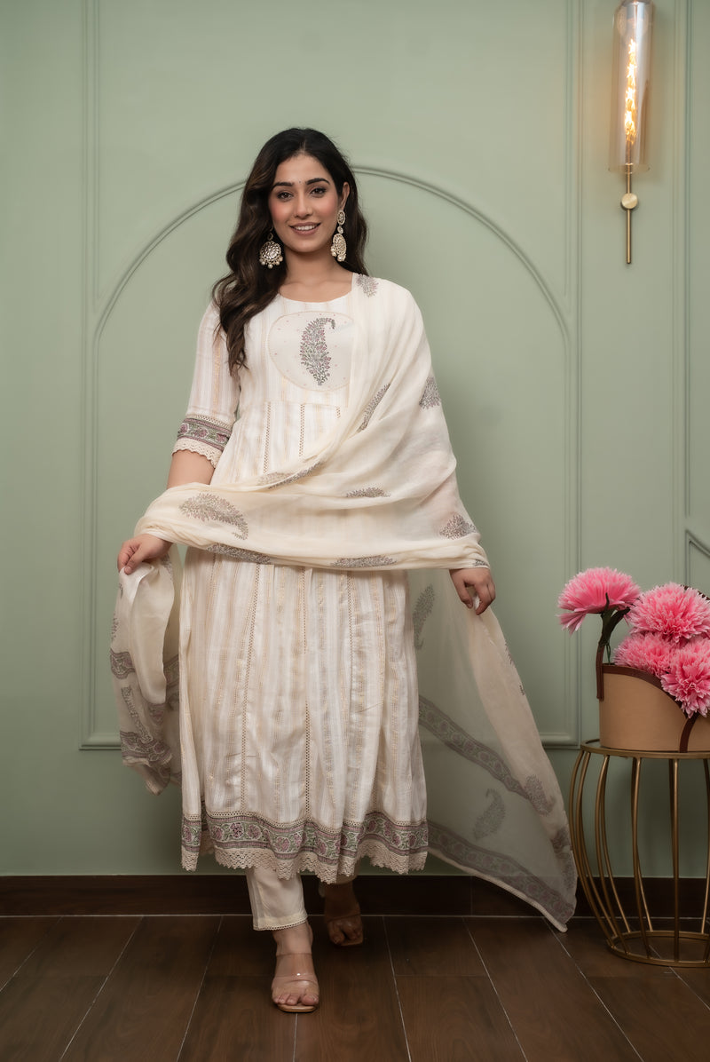 Embroidered Pure Cotton Anarkali Kurta with Trousers & Dupatta Set
