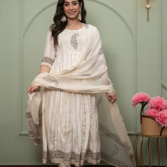 Embroidered Pure Cotton Anarkali Kurta with Trousers & Dupatta Set