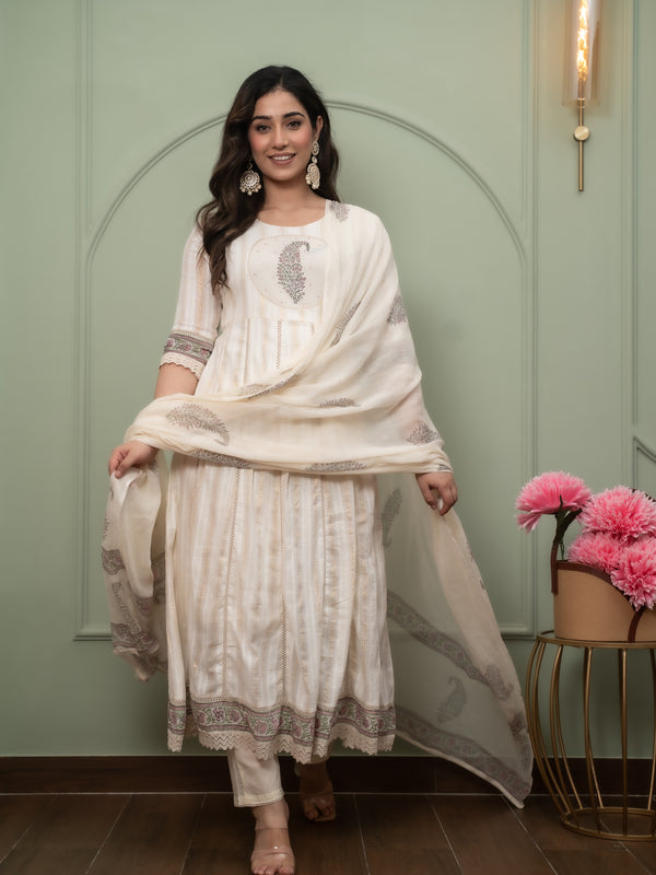 Embroidered Pure Cotton Anarkali Kurta with Trousers & Dupatta Set