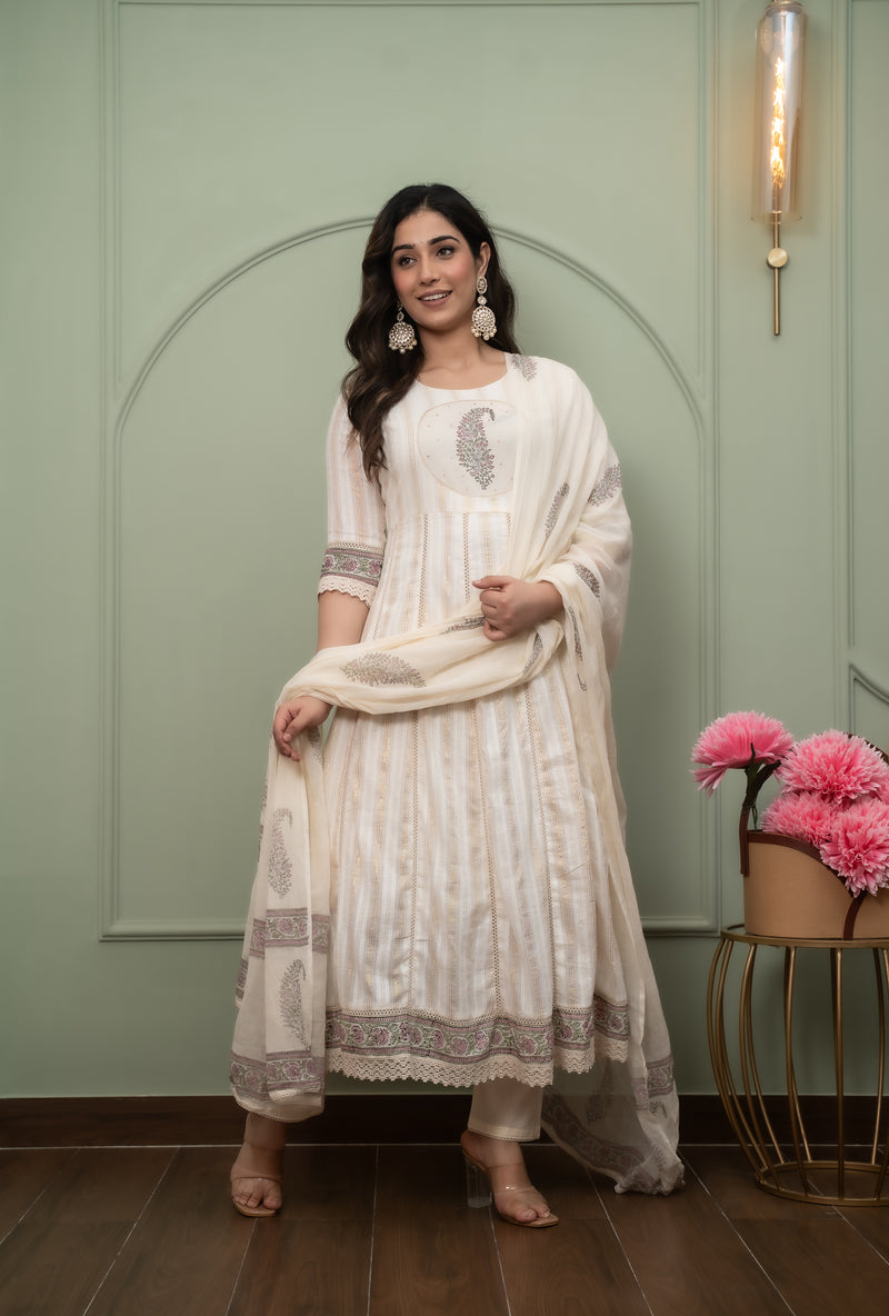 Embroidered Pure Cotton Anarkali Kurta with Trousers & Dupatta Set