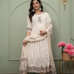 Embroidered Pure Cotton Anarkali Kurta with Trousers & Dupatta Set