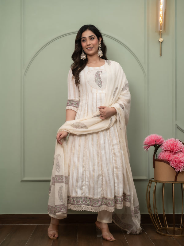 Embroidered Pure Cotton Anarkali Kurta with Trousers & Dupatta Set