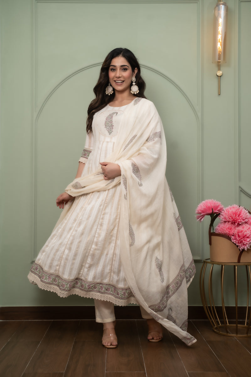 Embroidered Pure Cotton Anarkali Kurta with Trousers & Dupatta Set