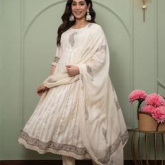 Embroidered Pure Cotton Anarkali Kurta with Trousers & Dupatta Set
