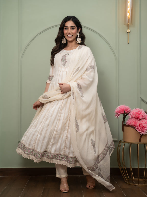 Embroidered Pure Cotton Anarkali Kurta with Trousers & Dupatta Set