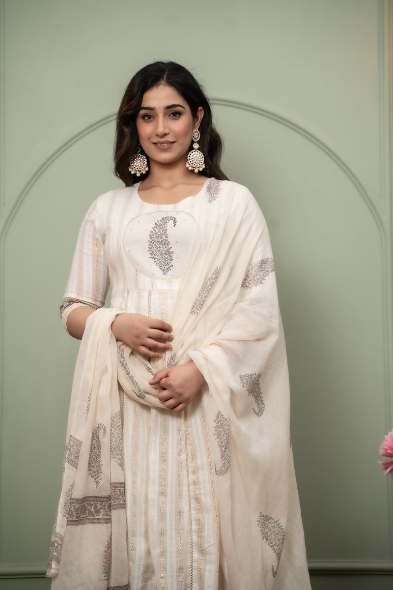 Embroidered Pure Cotton Anarkali Kurta with Trousers & Dupatta Set