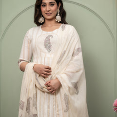 Embroidered Pure Cotton Anarkali Kurta with Trousers & Dupatta Set