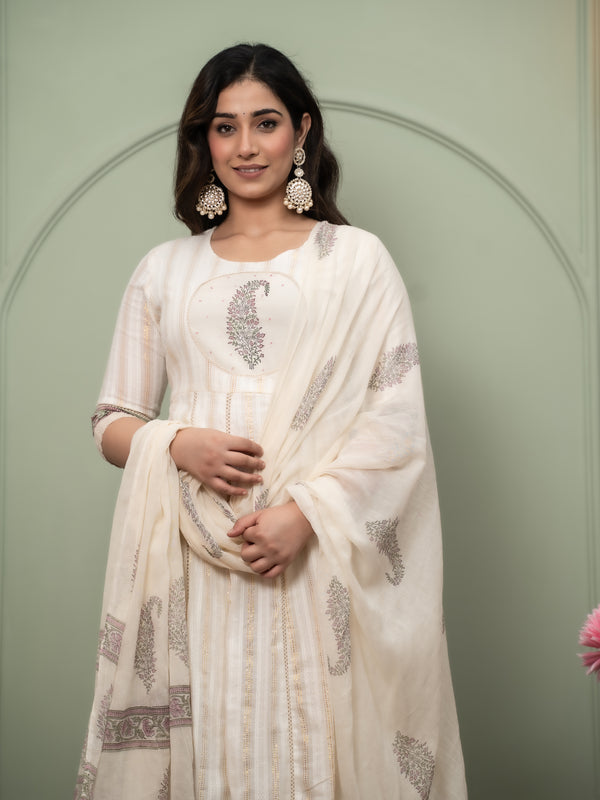 Embroidered Pure Cotton Anarkali Kurta with Trousers & Dupatta Set