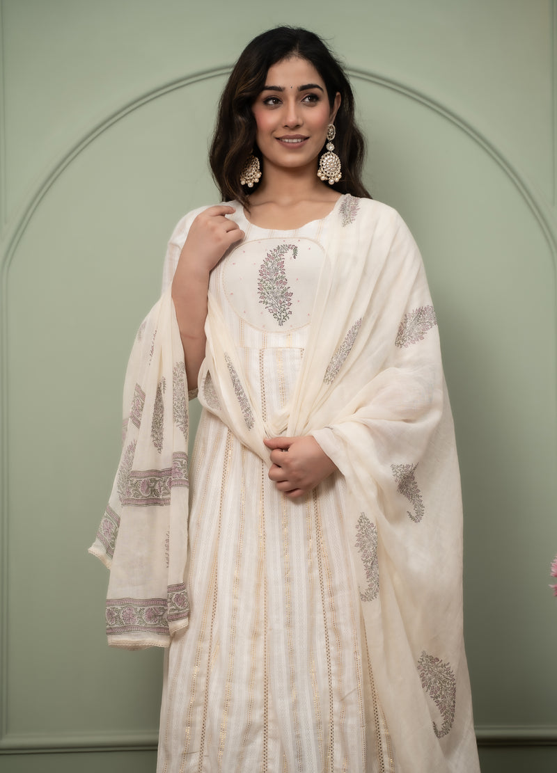 Embroidered Pure Cotton Anarkali Kurta with Trousers & Dupatta Set