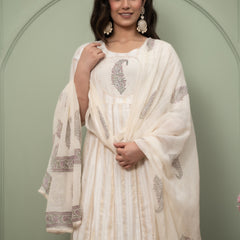 Embroidered Pure Cotton Anarkali Kurta with Trousers & Dupatta Set