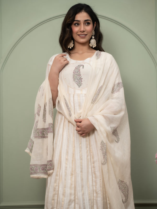 Embroidered Pure Cotton Anarkali Kurta with Trousers & Dupatta Set