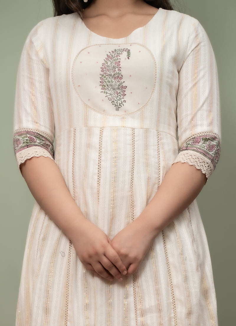 Embroidered Pure Cotton Anarkali Kurta with Trousers & Dupatta Set