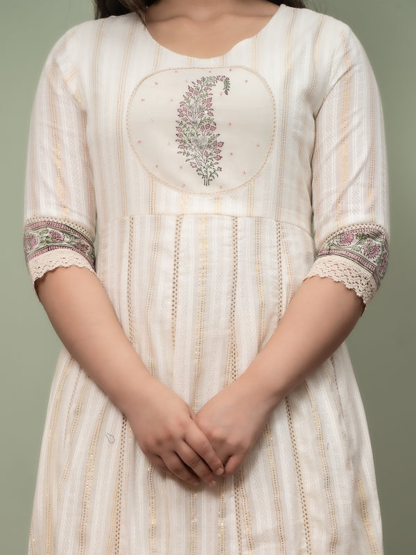 Embroidered Pure Cotton Anarkali Kurta with Trousers & Dupatta Set