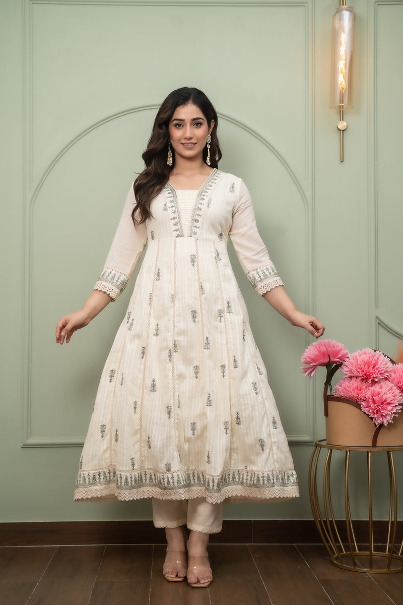 Embroidered Pure Cotton Straight Kurta with Trousers & Dupatta Set