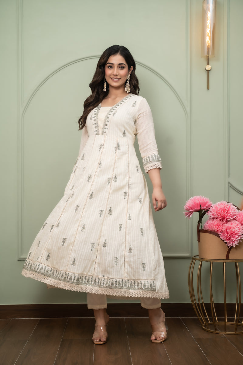 Embroidered Pure Cotton Straight Kurta with Trousers & Dupatta Set