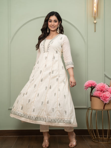 Embroidered Pure Cotton Straight Kurta with Trousers & Dupatta Set