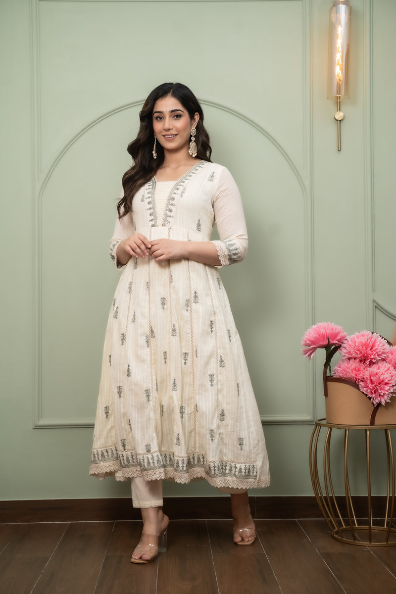 Embroidered Pure Cotton Straight Kurta with Trousers & Dupatta Set