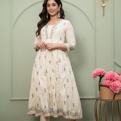 Embroidered Pure Cotton Straight Kurta with Trousers & Dupatta Set