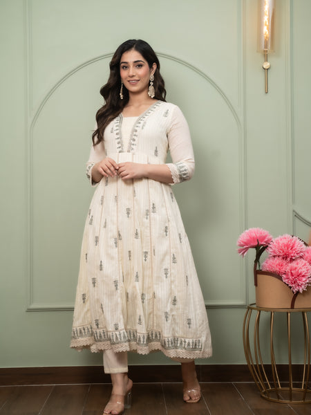 Embroidered Pure Cotton Straight Kurta with Trousers & Dupatta Set