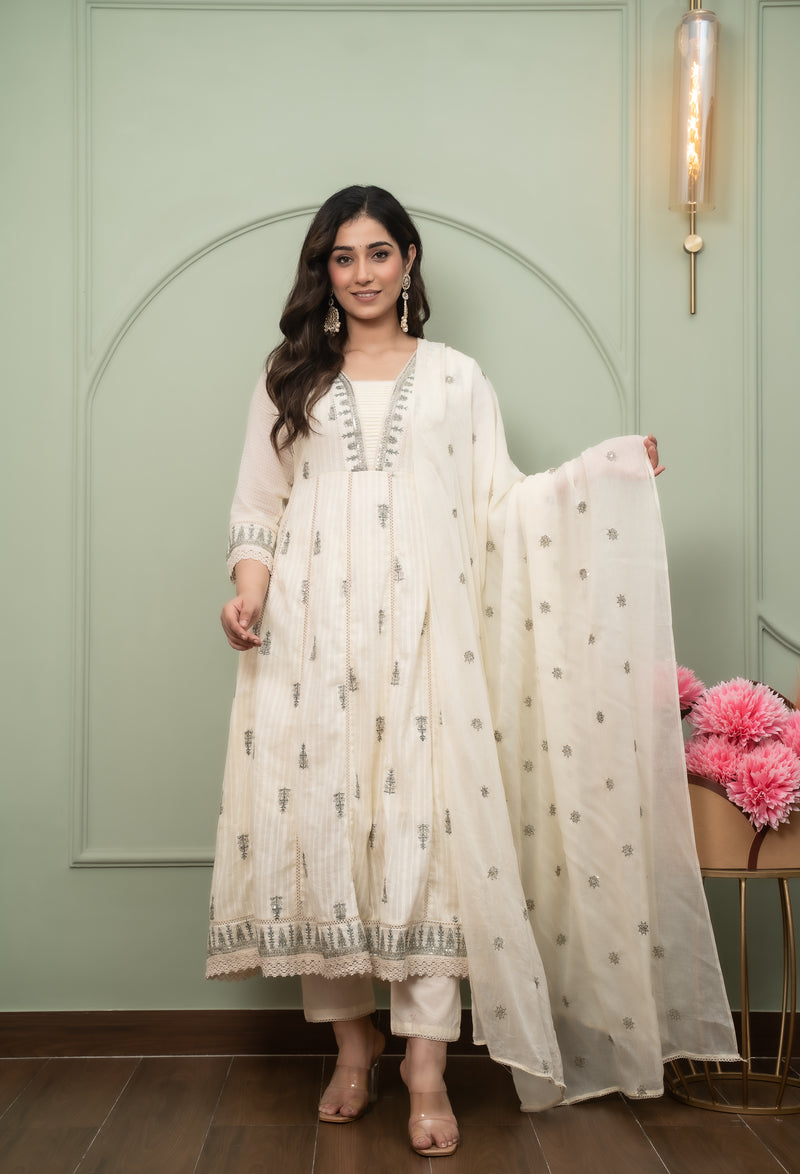 Embroidered Pure Cotton Straight Kurta with Trousers & Dupatta Set