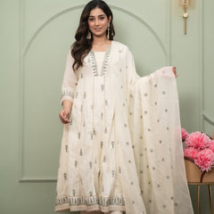 Embroidered Pure Cotton Straight Kurta with Trousers & Dupatta Set