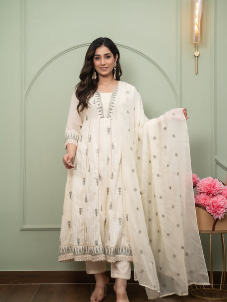 Embroidered Pure Cotton Straight Kurta with Trousers & Dupatta Set