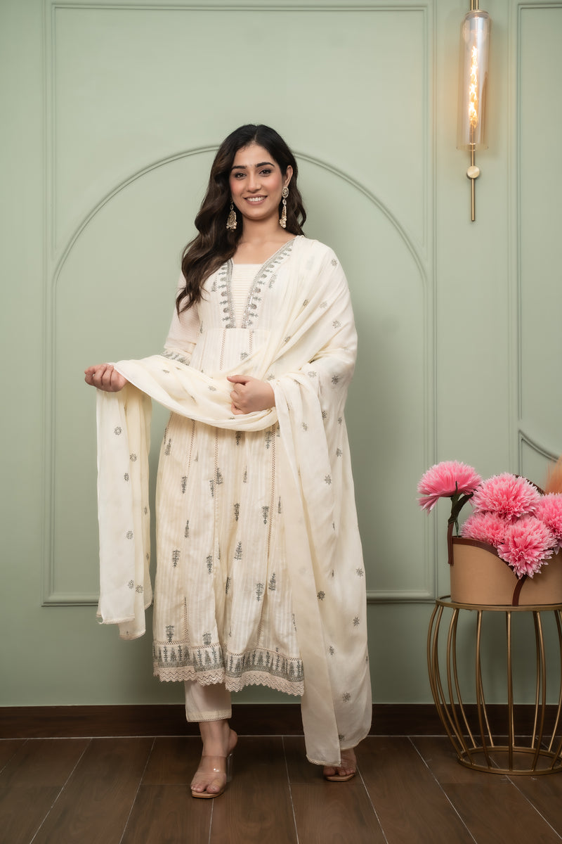 Embroidered Pure Cotton Straight Kurta with Trousers & Dupatta Set