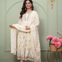 Embroidered Pure Cotton Straight Kurta with Trousers & Dupatta Set