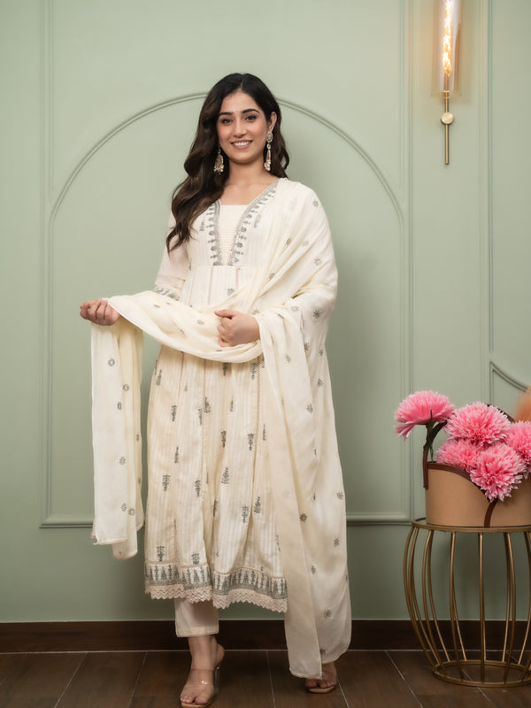 Embroidered Pure Cotton Straight Kurta with Trousers & Dupatta Set