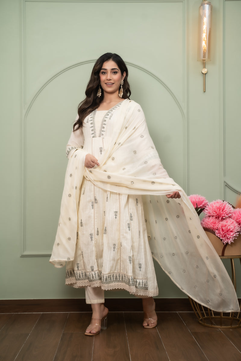 Embroidered Pure Cotton Straight Kurta with Trousers & Dupatta Set