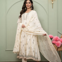 Embroidered Pure Cotton Straight Kurta with Trousers & Dupatta Set