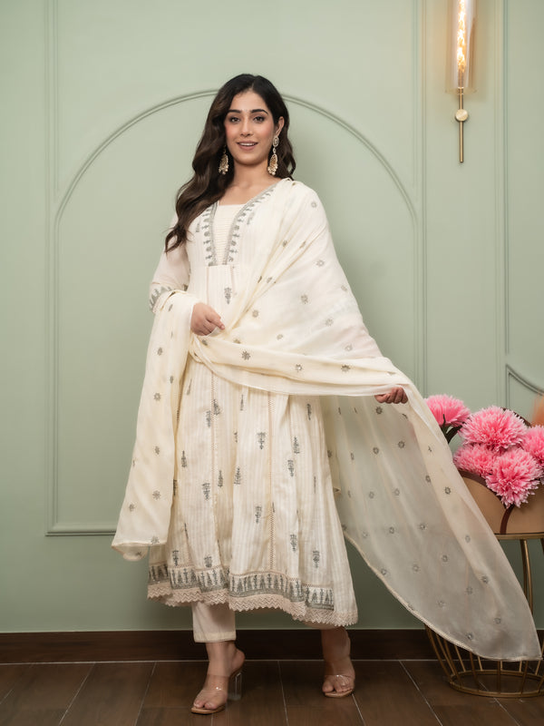 Embroidered Pure Cotton Straight Kurta with Trousers & Dupatta Set