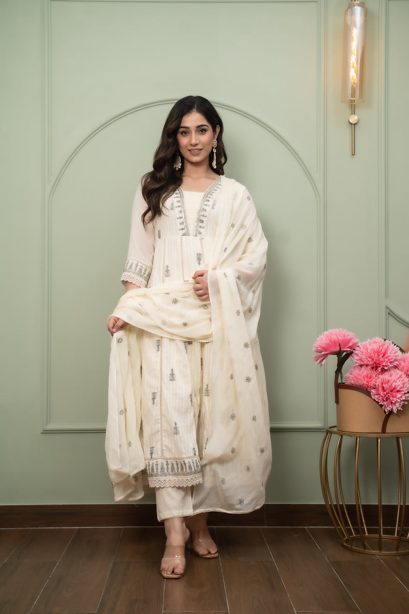 Embroidered Pure Cotton Straight Kurta with Trousers & Dupatta Set
