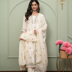 Embroidered Pure Cotton Straight Kurta with Trousers & Dupatta Set