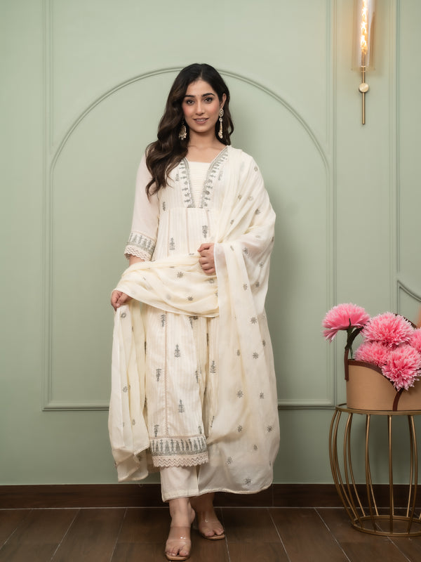 Embroidered Pure Cotton Straight Kurta with Trousers & Dupatta Set