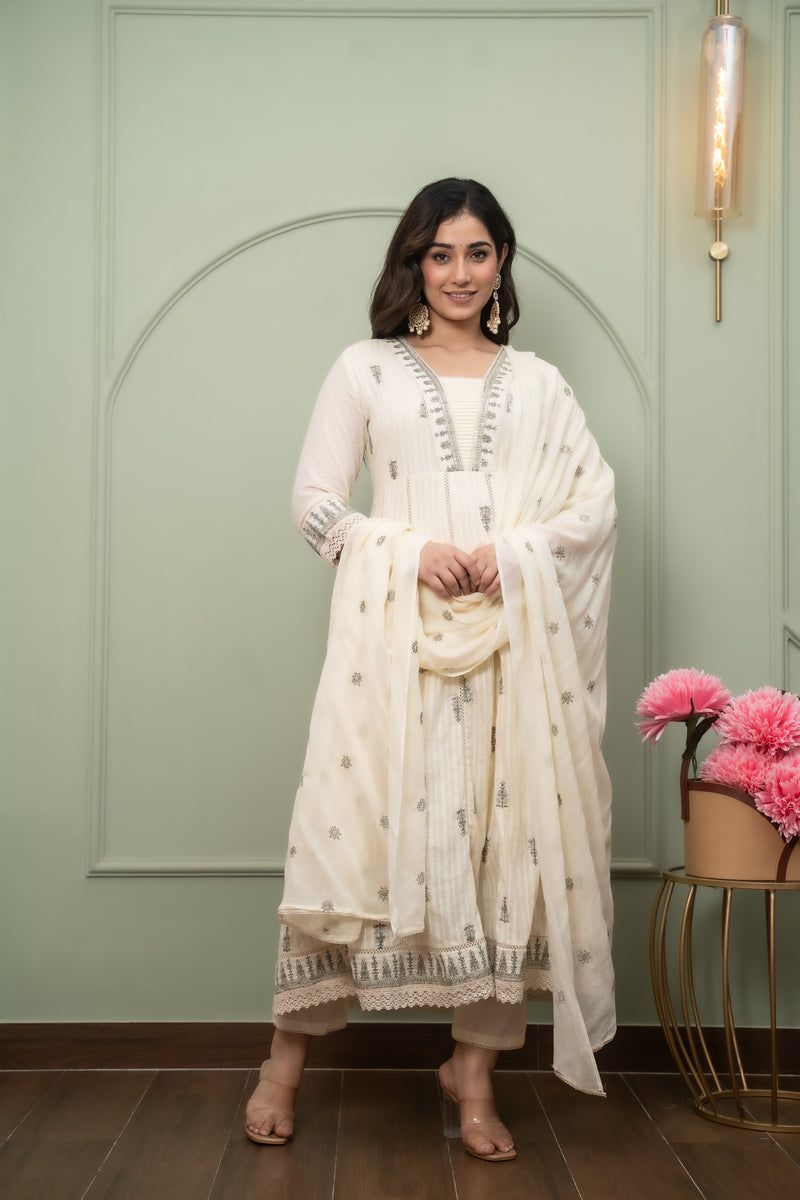 Embroidered Pure Cotton Straight Kurta with Trousers & Dupatta Set