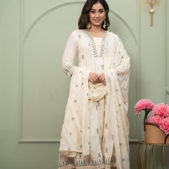 Embroidered Pure Cotton Straight Kurta with Trousers & Dupatta Set