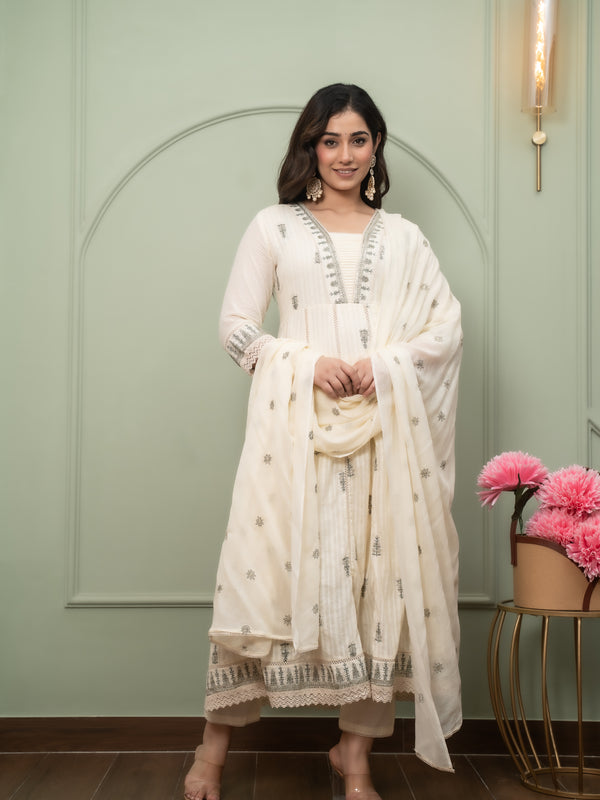 Embroidered Pure Cotton Straight Kurta with Trousers & Dupatta Set