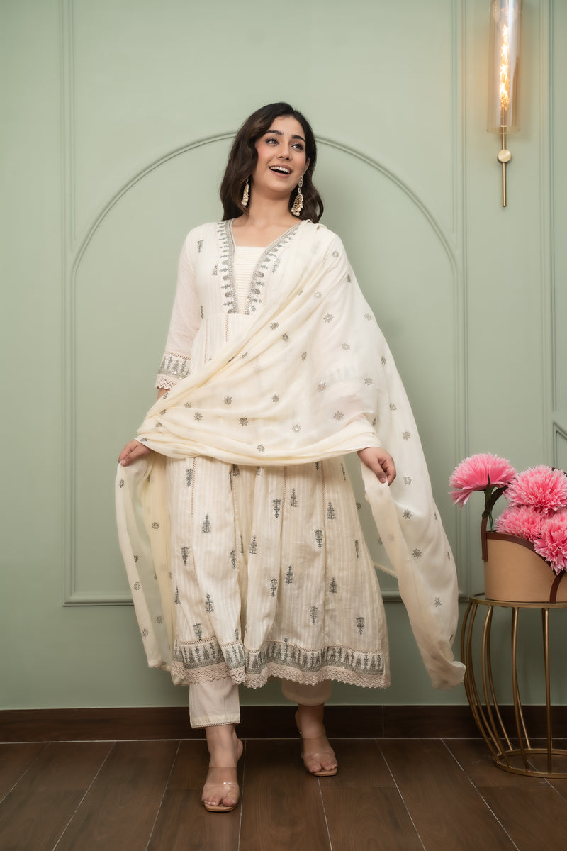 Embroidered Pure Cotton Straight Kurta with Trousers & Dupatta Set